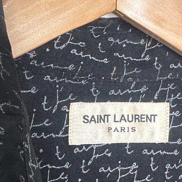 SAINT LAURENT Wool Je T'aime Cursive Script Print Shirt Black Sz 40-15 3/4 {P54} - Picture 4 of 6